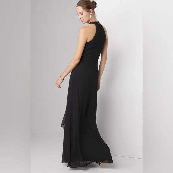 White House Black Market Sleeveless Draped Gown 4P Black V-Neck Chiffon Lined - Picture 3 of 16